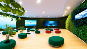 Ize a futuristic, high-tech classroom: holographic screens, floating desks, AI teachers, diverse students with VR headsets, and a green, sustainable environment with vertical gardens