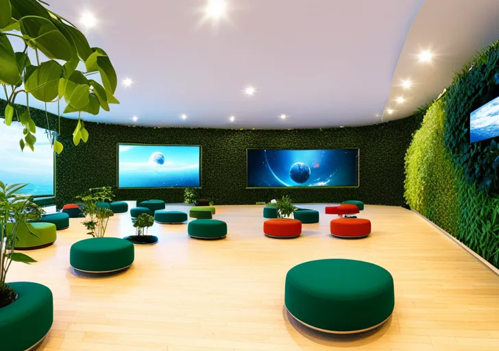 Ize a futuristic, high-tech classroom: holographic screens, floating desks, AI teachers, diverse students with VR headsets, and a green, sustainable environment with vertical gardens