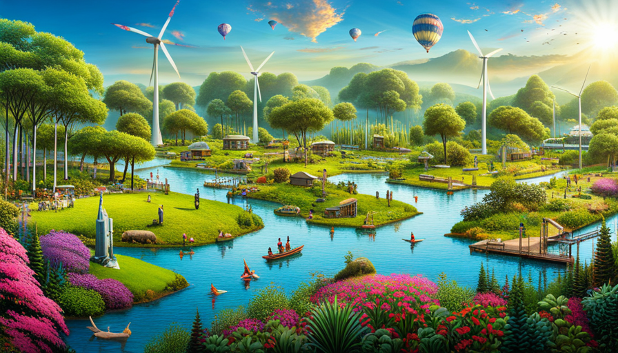 an image showcasing futuristic green cities, abundant forests, solar panel fields, wind turbines, electric vehicles, and people happily co-existing with wildlife