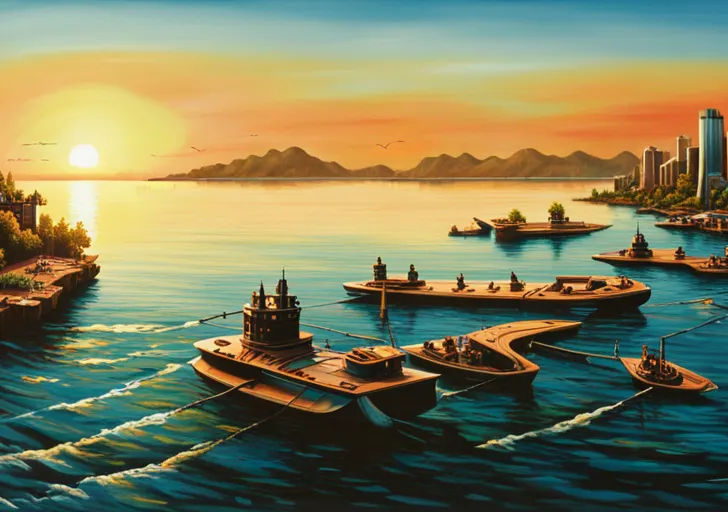  futuristic image of the Great Lakes, with advanced cities on shores, diminished water levels, thriving aquatic life, and floating solar panels reflecting the sunset