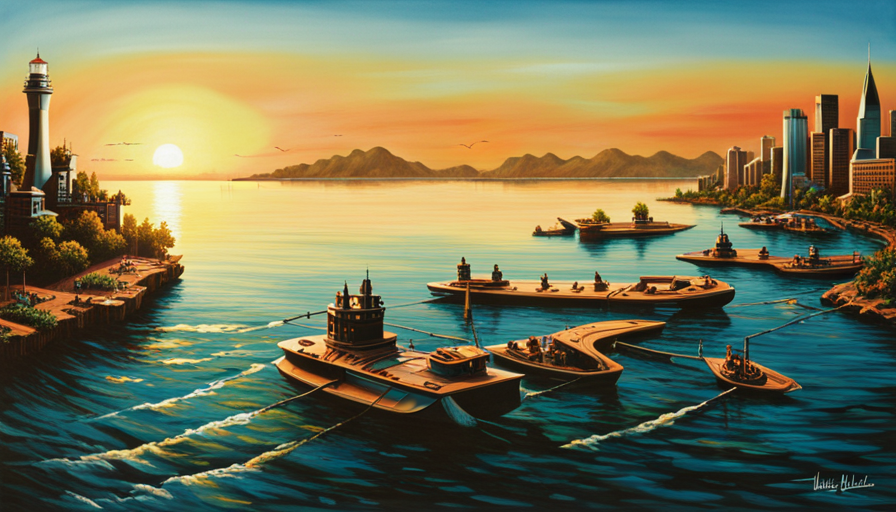 futuristic image of the Great Lakes, with advanced cities on shores, diminished water levels, thriving aquatic life, and floating solar panels reflecting the sunset