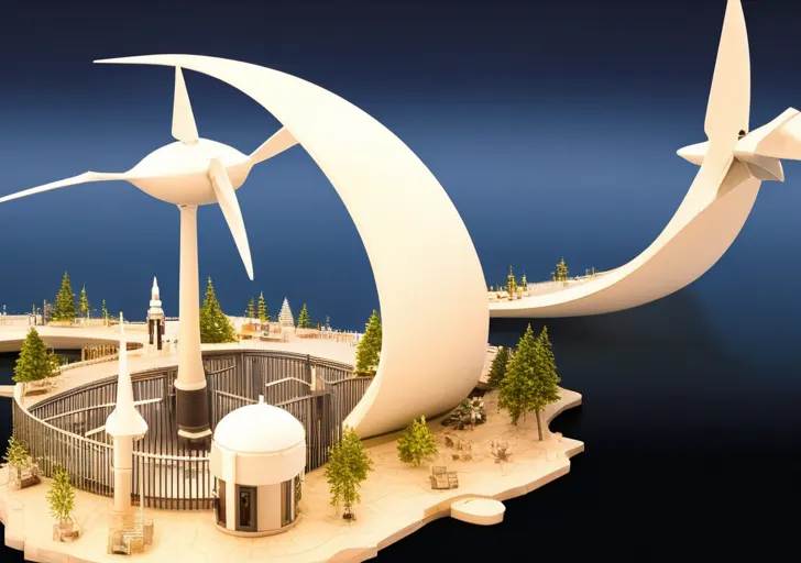 Y a half-frozen North Pole with melting icebergs, polar bears on small ice floes, advanced wind turbines, and futuristic, sustainable research stations in the backdrop of a setting sun