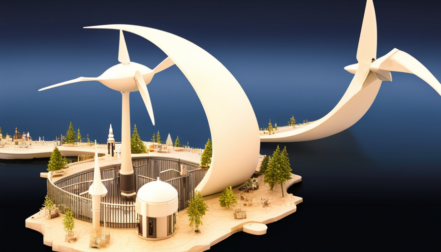 Y a half-frozen North Pole with melting icebergs, polar bears on small ice floes, advanced wind turbines, and futuristic, sustainable research stations in the backdrop of a setting sun