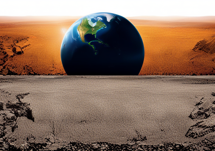 An image showing a split screen of Earth: one side lush and healthy (present), the other side dry and barren (future), with a century clock transitioning between them