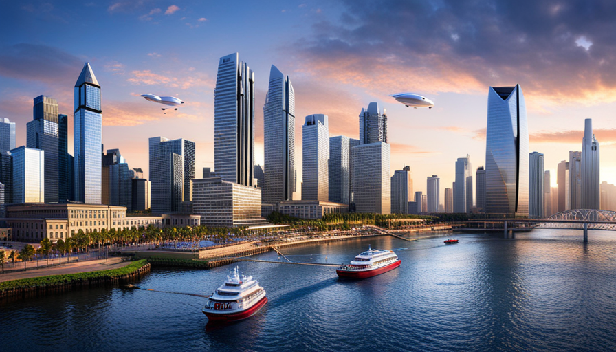 Uturistic waste management systems, robots sorting garbage, high-tech recycling plants, floating waste collectors in oceans, and clean, litter-free cityscapes