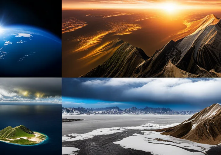 An image showing half earth in present climate conditions, the other half transformed with exaggerated future weather phenomena like super storms, droughts, and polar ice melt