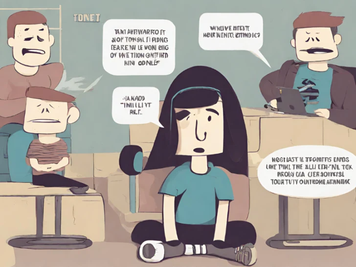 A cartoon of a group of people sitting in a room, portraying a negative tone.