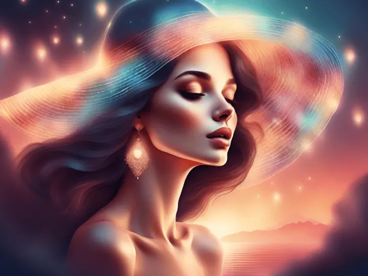 A woman in a hat with stars in the background, exuding beauty and radiating well-being.
