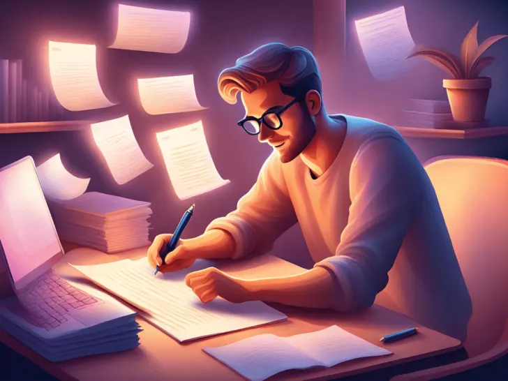 A man sitting at a desk with papers in front of him, emphasizing why copywriting matters.