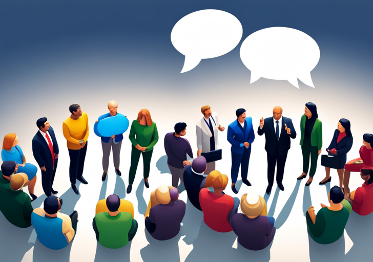 An image of diverse people in a circle, each holding colorful speech bubbles, with a central figure gesturing openly, symbolizing active listening and effective communication in a multicultural setting