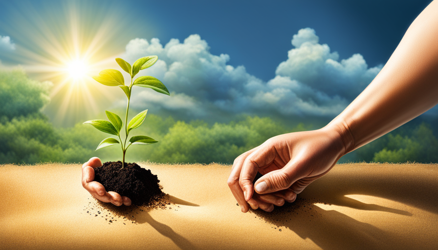 An image of a guiding hand planting a sapling, with diverse seedlings around, under a warm sunlight beam, in a nurturing greenhouse setting
