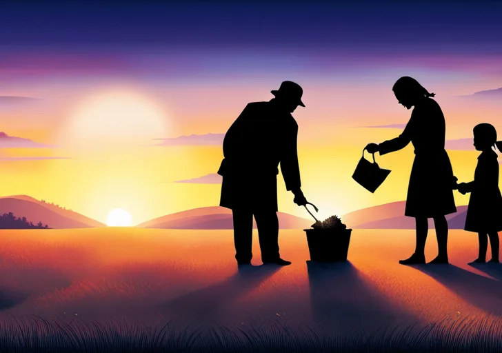 Ate hands planting a tree, a person holding a door open for another, and someone sharing food with the homeless, all encompassed within a heart silhouette against a soft, sunrise background