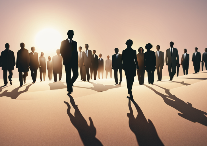 An image of a diverse group of individuals following a person standing confidently on top of a hill against a sunrise, all casting long shadows on the ground beneath them