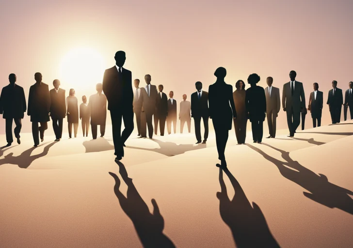 An image of a diverse group of individuals following a person standing confidently on top of a hill against a sunrise, all casting long shadows on the ground beneath them
