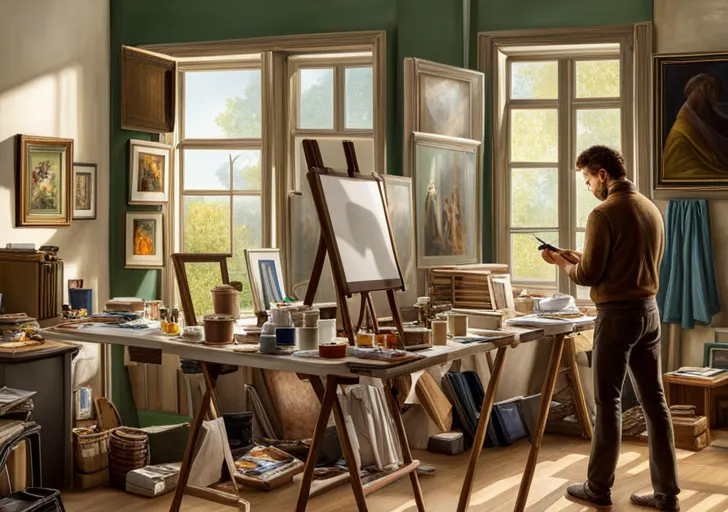 Ate an artist's studio with a canvas on an easel, a palette with vibrant paints, scattered brushes, a contemplative figure holding a brush, and natural light casting warmth over an inspiring, organized creative chaos
