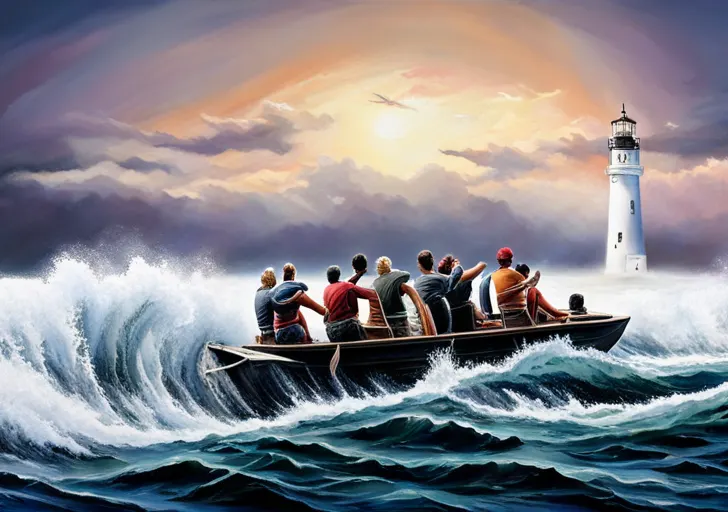 An image of a diverse group of people on a boat, following a person at the helm navigating through rough seas towards a bright horizon with a lighthouse in the distance