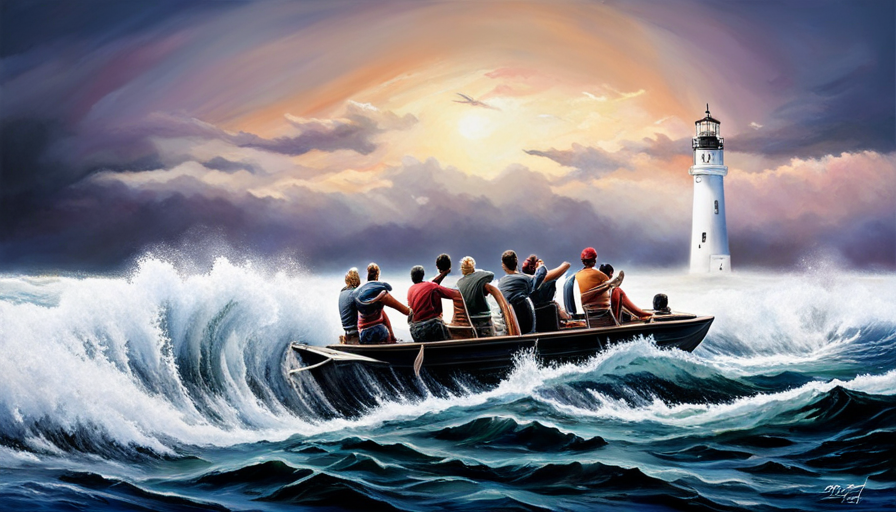 An image of a diverse group of people on a boat, following a person at the helm navigating through rough seas towards a bright horizon with a lighthouse in the distance