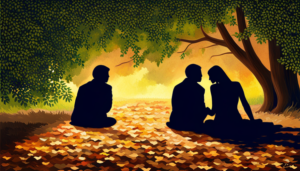 An image of two people, one with a comforting hand on the other's shoulder, both sitting under a tree, with warm sunlight filtering through the leaves and a heart-shaped shadow on the ground