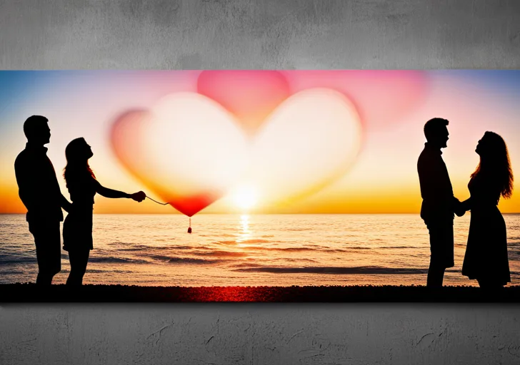 An image of a couple's silhouette, holding hands, laughing together on a beach at sunset, with heart-shaped balloons floating in the air around them