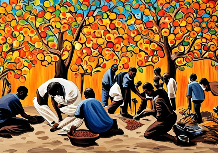 An image of a person kneeling to plant a tree, while others from diverse backgrounds work together in the background, all under a vast, open sky