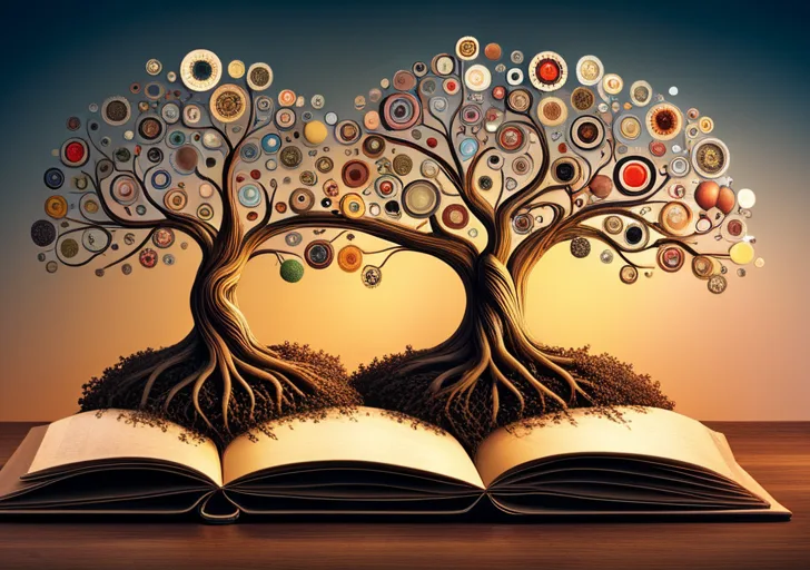 An image of a light bulb tree with fruits of various inventions, roots in an open book, set against a backdrop of gears and abstract brainwaves, symbolizing growth and creativity