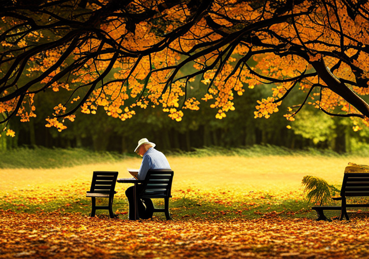 An image of a serene adult sitting on a park bench, reading a book, with a chessboard on one side and an hourglass on the other, under a tree with half-fallen leaves