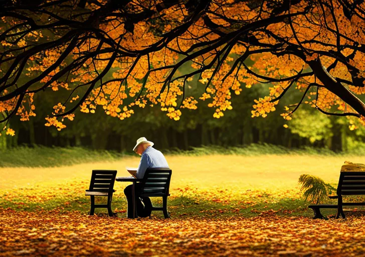 An image of a serene adult sitting on a park bench, reading a book, with a chessboard on one side and an hourglass on the other, under a tree with half-fallen leaves