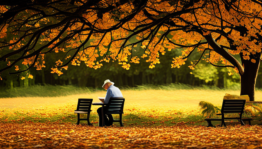 An image of a serene adult sitting on a park bench, reading a book, with a chessboard on one side and an hourglass on the other, under a tree with half-fallen leaves