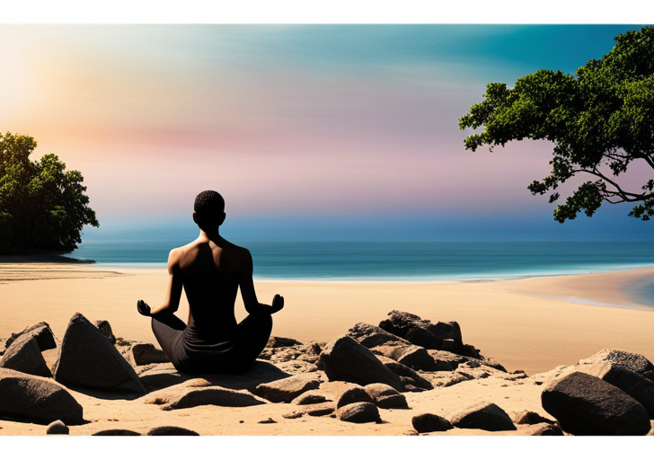 E person meditating on a cliff overlooking a sunrise, with a tranquil ocean below and a resilient tree beside them, bending in the wind but not breaking