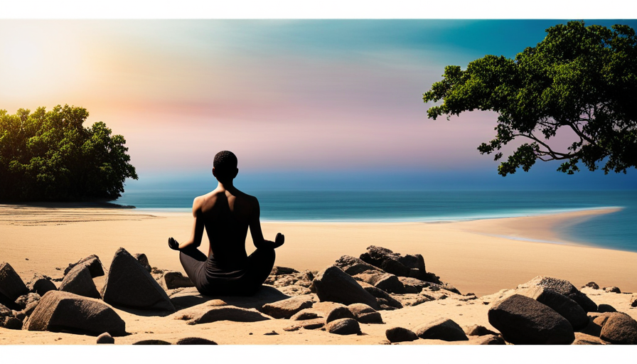 E person meditating on a cliff overlooking a sunrise, with a tranquil ocean below and a resilient tree beside them, bending in the wind but not breaking