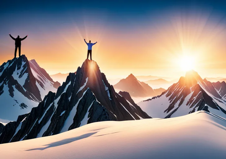 An image of a confident person standing tall on a mountain peak, with a clear blue sky background and a sunbeam highlighting their assertive stance