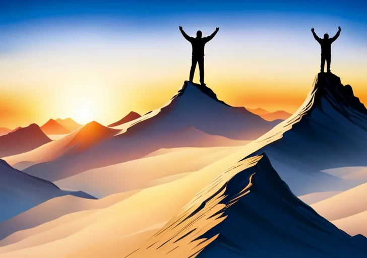 An image of a person standing tall on a mountain peak, arms raised triumphantly against a sunrise, reflecting a sense of achievement and confidence