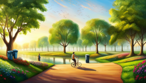 E an image of a lush green park with recycling bins, a bicycle leaning against a tree, solar panels in the background, and a person planting a tree