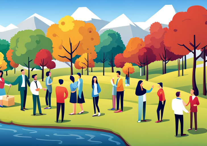 Ate a diverse group of smiling people in casual wear, engaging in various activities like conversation, handshakes, and laughter, with a warm, inviting park background to represent social openness and interaction