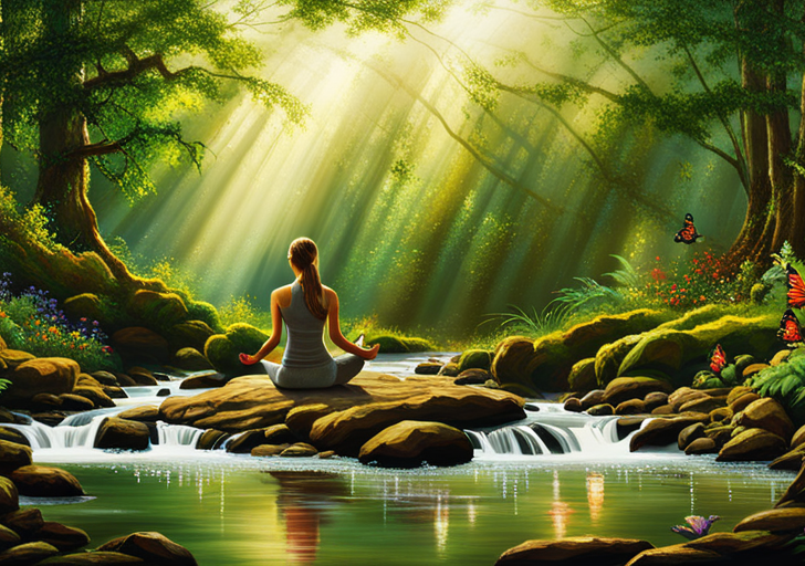 A serene image of a person meditating in a sunlit forest, with a gentle stream flowing and butterflies fluttering around, symbolizing mindfulness and connection with nature