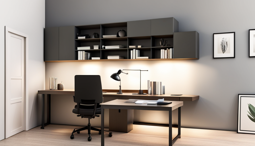 A clean, minimalist home office desk with an open planner, neatly arranged stationery, a tidy bookshelf in the background, and a wall-mounted calendar with color-coded tasks