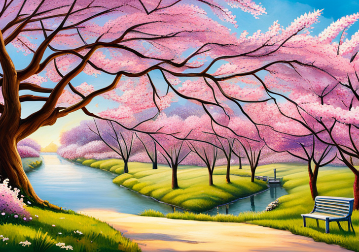 A serene image of a tranquil garden path leading to a bench under a large, blossoming cherry tree, with a calm blue sky and a slow-moving stream nearby