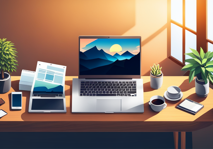E an image of a clean, organized desk with a laptop, planner, plant, and a clock showing 9 am, with soft sunlight illuminating the space, conveying a calm, productive morning atmosphere