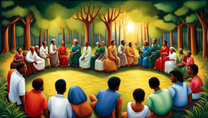 An image of diverse people in a circle, listening intently to each other, with cultural symbols of respect like bows, handshakes, and nods, in a serene park setting