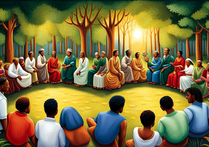 An image of diverse people in a circle, listening intently to each other, with cultural symbols of respect like bows, handshakes, and nods, in a serene park setting