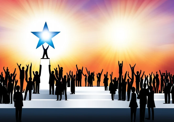 An image of a diverse group of people standing on ascending podiums, reaching for a glowing star above, with a clear sunrise in the background symbolizing opportunity and growth