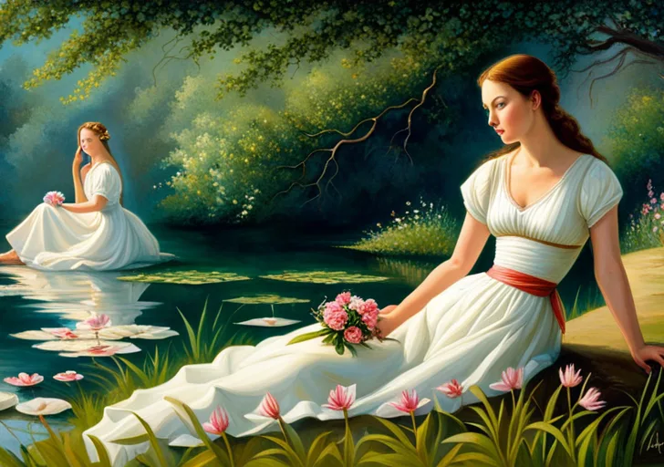 An image of a lone figure sitting by a serene lake, with a soft, open posture, surrounded by gentle light, holding a small, delicate flower in their hands