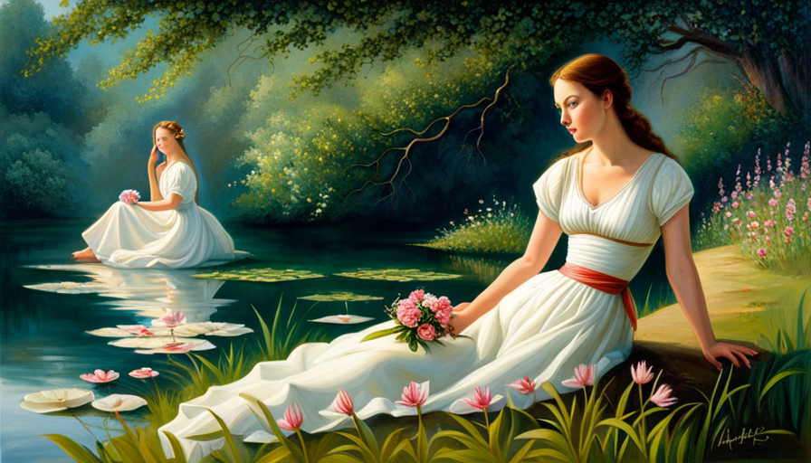 An image of a lone figure sitting by a serene lake, with a soft, open posture, surrounded by gentle light, holding a small, delicate flower in their hands