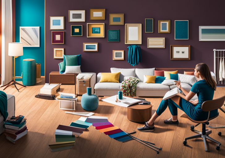 An image of a person sketching a room layout with color swatches, fabric samples, and a mood board in the background, depicting the creative process of interior design