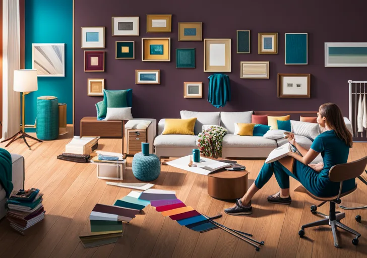 An image of a person sketching a room layout with color swatches, fabric samples, and a mood board in the background, depicting the creative process of interior design
