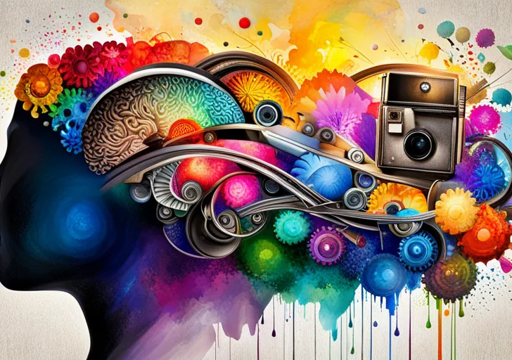 Ract brain silhouette with colorful gears and lightbulbs emerging, surrounded by paintbrushes, musical notes, and a camera, set against a backdrop of a bright, watercolor-splashed canvas