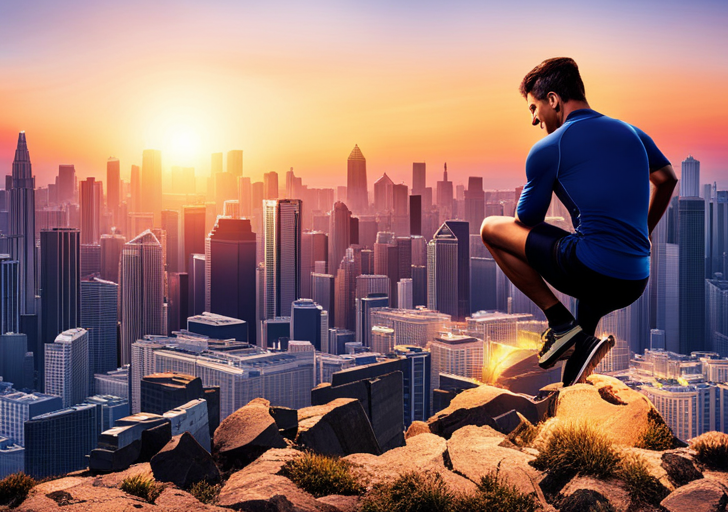 An image of a person at sunrise, lacing up running shoes on a hilltop, overlooking a cityscape, with a clear sky and the first rays of light symbolizing new beginnings and motivation