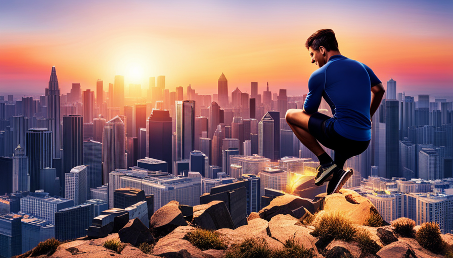 An image of a person at sunrise, lacing up running shoes on a hilltop, overlooking a cityscape, with a clear sky and the first rays of light symbolizing new beginnings and motivation