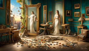 An image of a mirror reflecting a confident person, surrounded by butterflies, with discarded masks and shackles at their feet, signifying overcoming insecurities and transformation