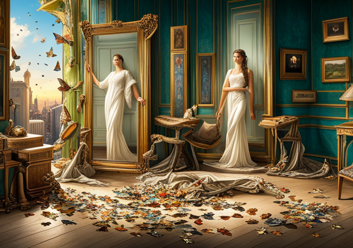 An image of a mirror reflecting a confident person, surrounded by butterflies, with discarded masks and shackles at their feet, signifying overcoming insecurities and transformation